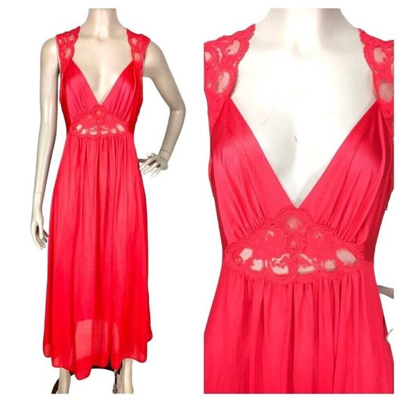 Vintage 70s Red Lace Trim Peignoir Sexy Lingerie Long Nightgown Medium USA - Picture 1 of 8